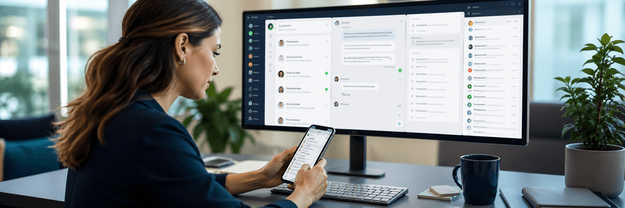 Especialista gestionando mensajería conectada desde computador y teléfono