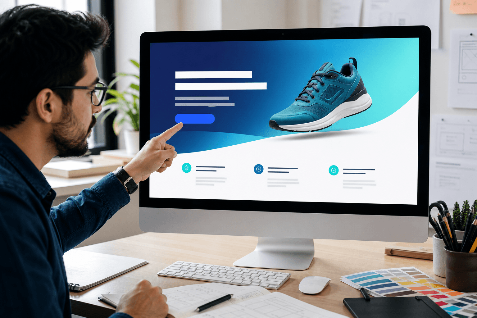 Especialista revisando una landing page de producto